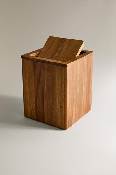 SQUARE WOODEN BATHROOM CAN — Light beige 2
