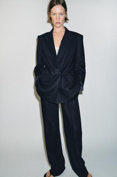 DOUBLE-BREASTED LINEN BLAZER WITH ROLLED-UP SLEEVES - Navy blue by Zara