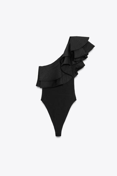 ASYMMETRIC CONTRAST RUFFLE BODYSUIT - Black by Zara - Image 4