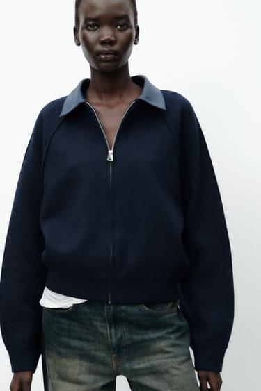 FAUX LEATHER COLLAR BOMBER JACKET - navy by Zara