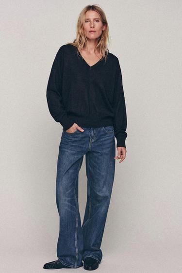 Wollpullover mit V-Ausschnitt - Dunkles Marineblau von Zara