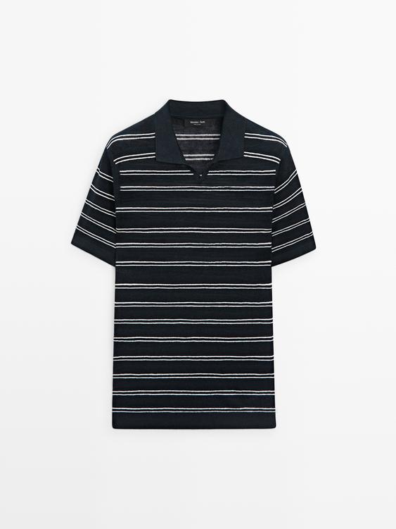 Striped 100% linen V-neck polo shirt from Zara - $130