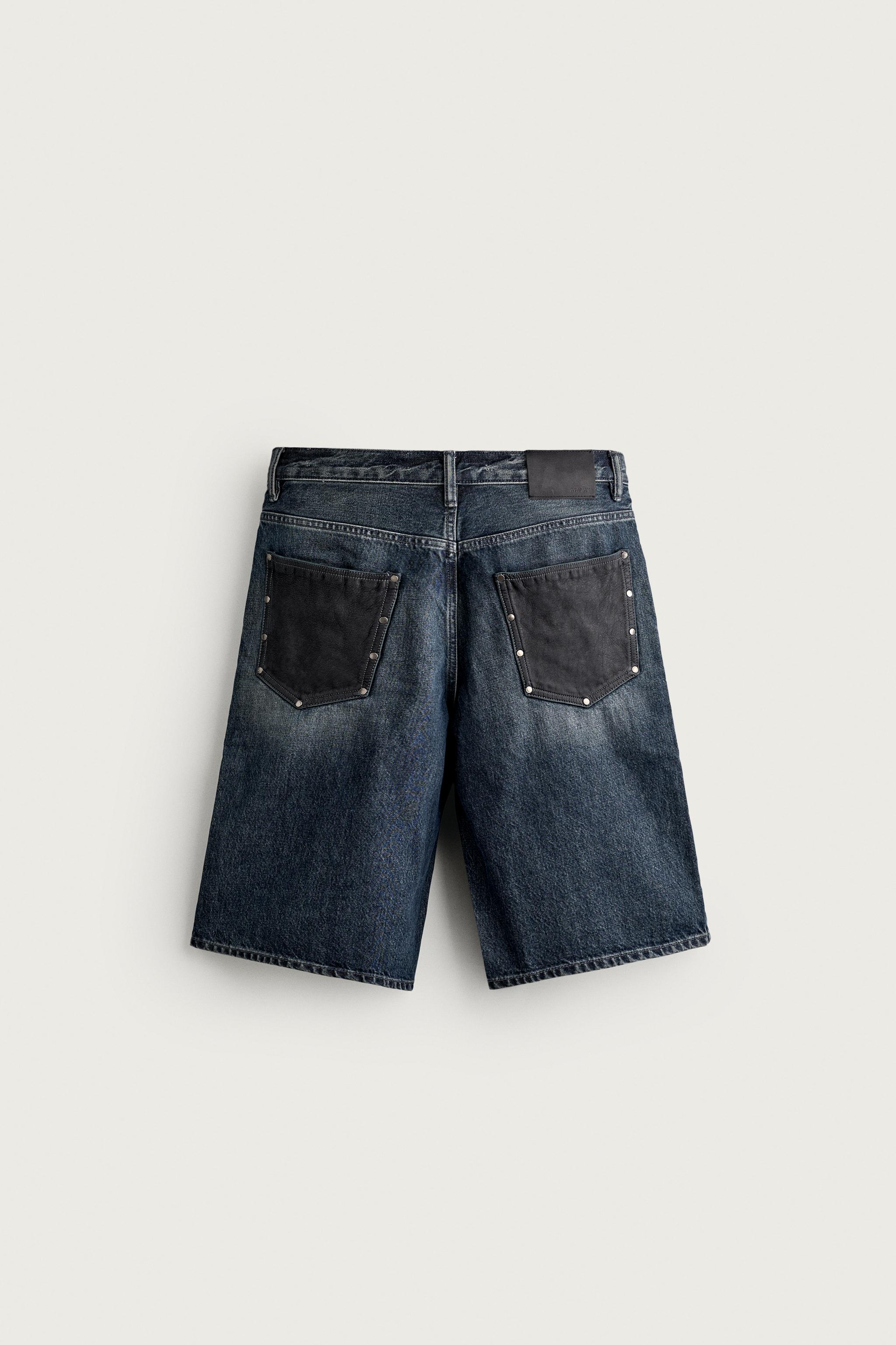 Мужские шорты Zara BAGGY FIT DENIM SHORTS WITH LEATHER POCKETS — фото 8