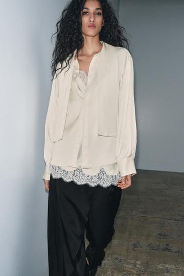 BLUSA ACETINADA COMBINADA ZW COLLECTION - Creme da Zara