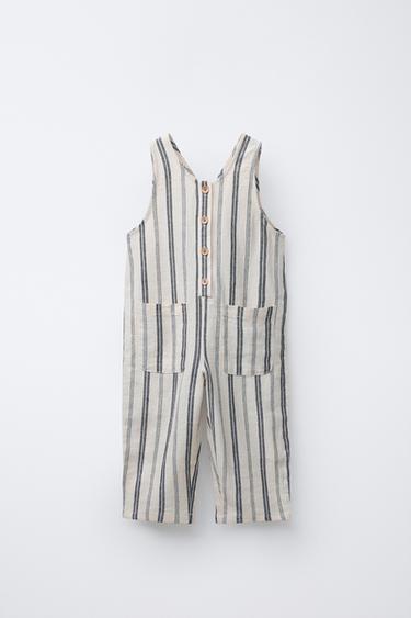 LANGE GESTREIFTE LATZHOSE MIT LEINEN - Cremefarben / Blau von Zara