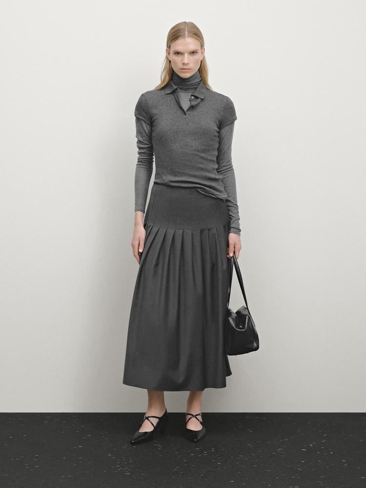 Black wool pleated midi skirt for women 0442#