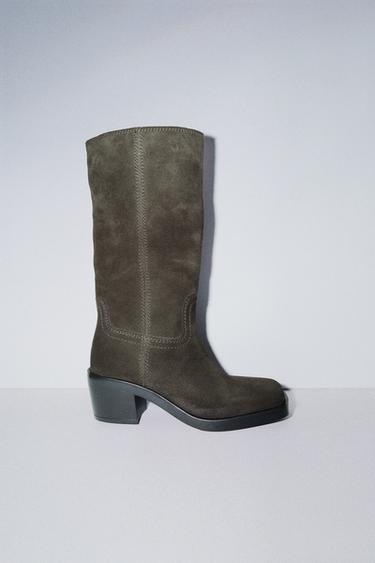 SPLIT SUEDE CONTRAST STITCH BOOTS - Khaki Green by Zara