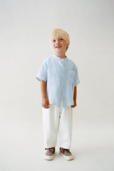 CAMISA COM GOLA DE TIRA DE LINHO - Azul da Zara