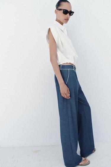 WIDE-LEG TROUSERS WITH CONTRASTING TRIMS - Blue by Zara - Image 4