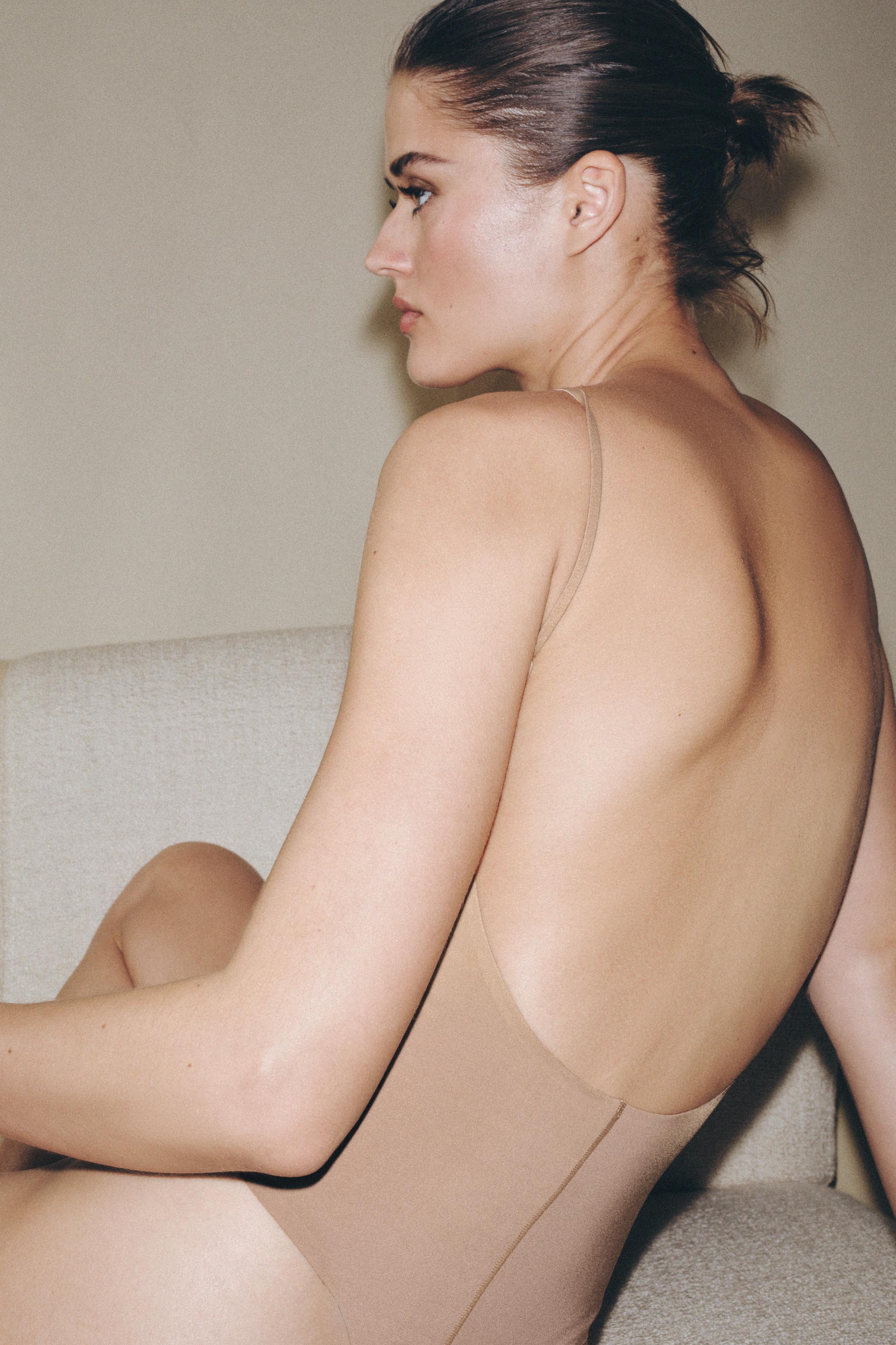 STRAPPY BODYSUIT WITH POLYAMIDE — Beige-pink