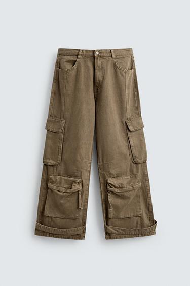 DENIM CARGO TROUSERS WITH POCKETS - camel by Zara