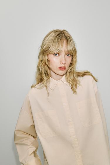 Zara ZW COLLECTION POPLIN SHIRT WITH POCKETS - Cream