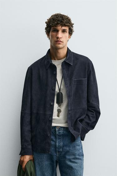 SUEDE LEATHER OVERSHIRT - Navy blue by Zara