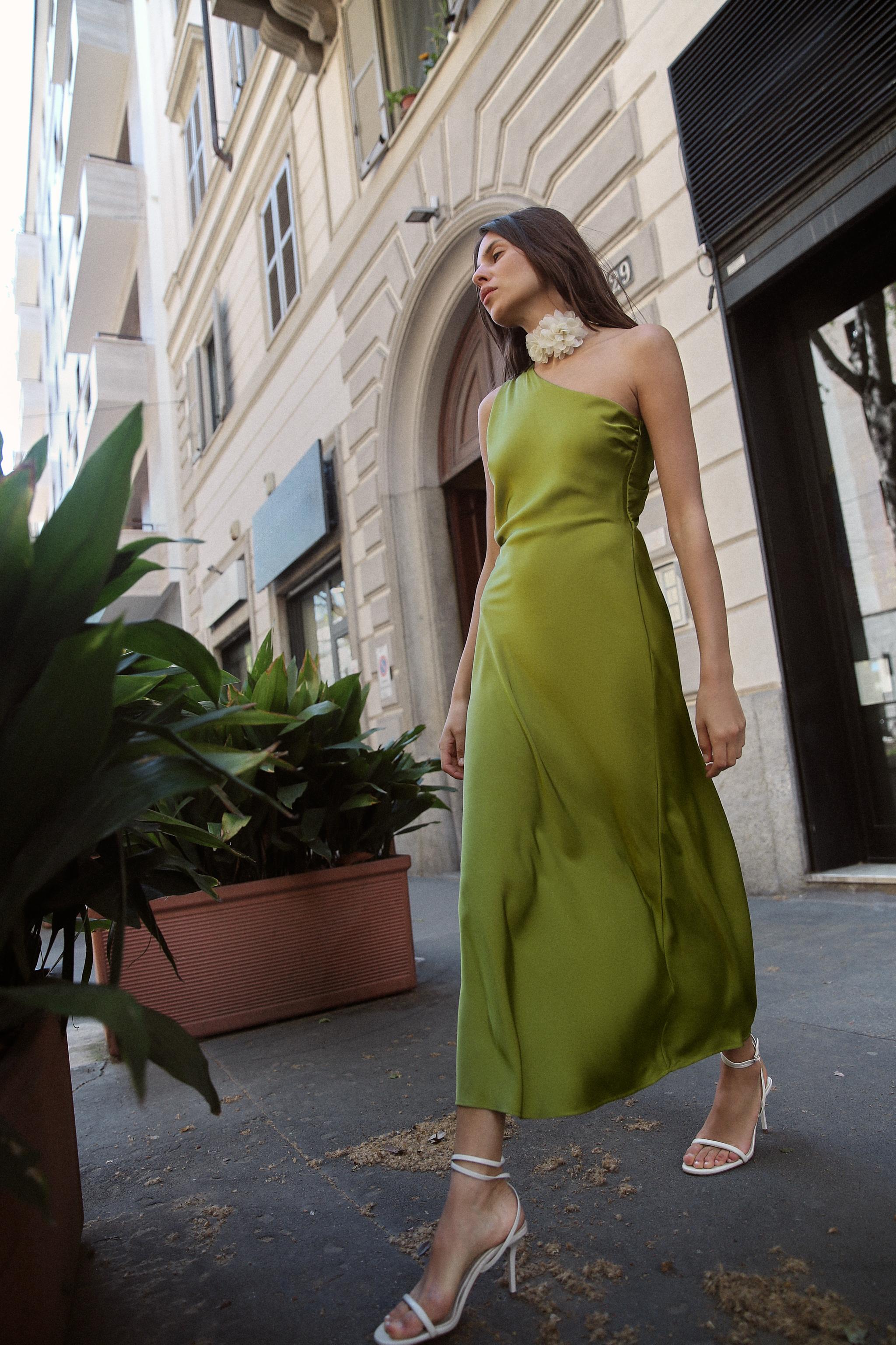 SATIN EFFECT ASYMMETRIC DRESS - Olive green | ZARA United States