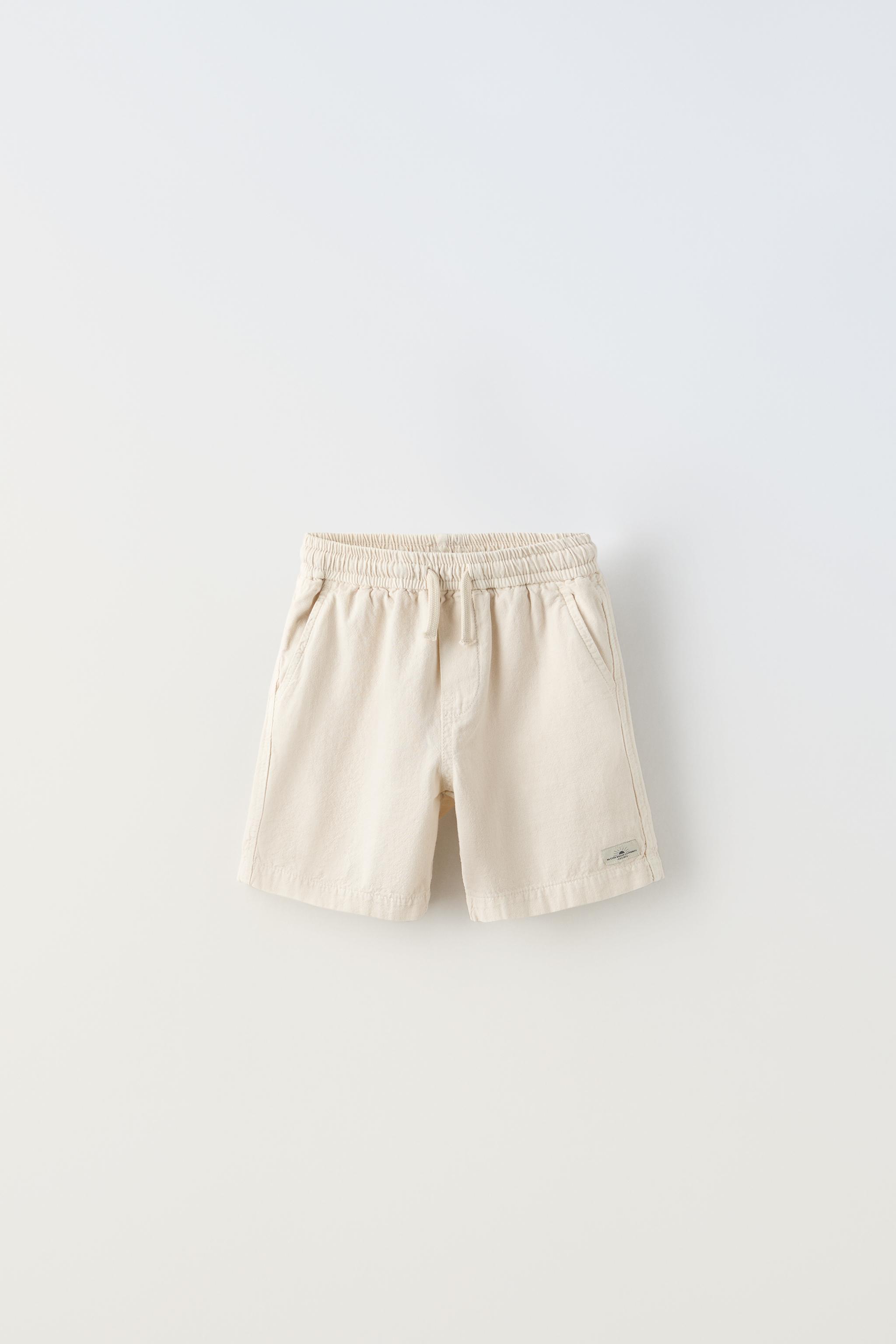 LABEL COTTON BLEND SHORTS - Ecru