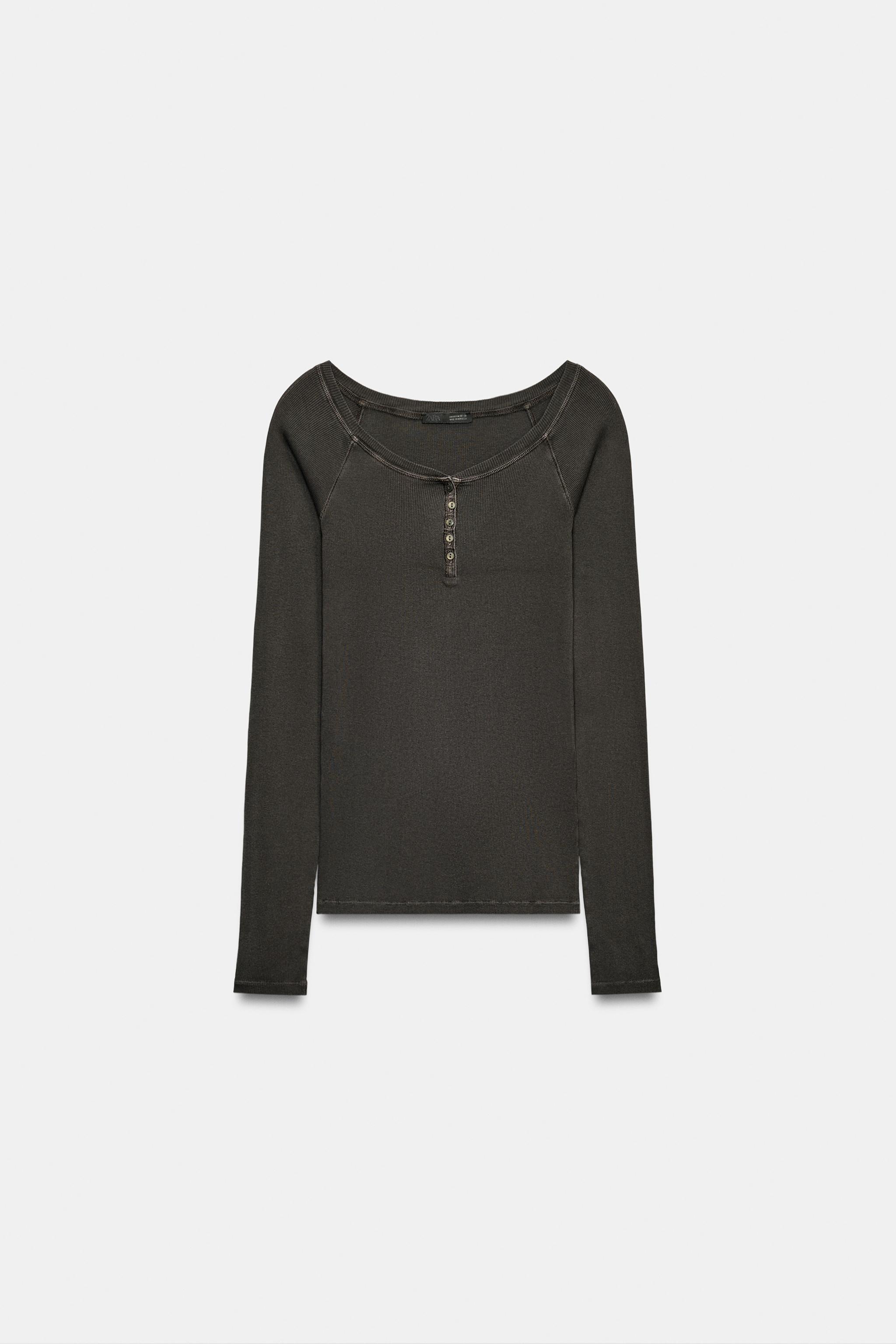 Женские футболки Zara RIBBED HENLEY T-SHIRT — фото 5