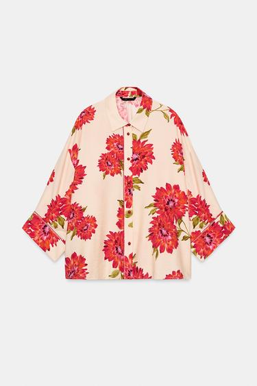 Zara FLORAL PRINT SHIRT - Ecru / Red