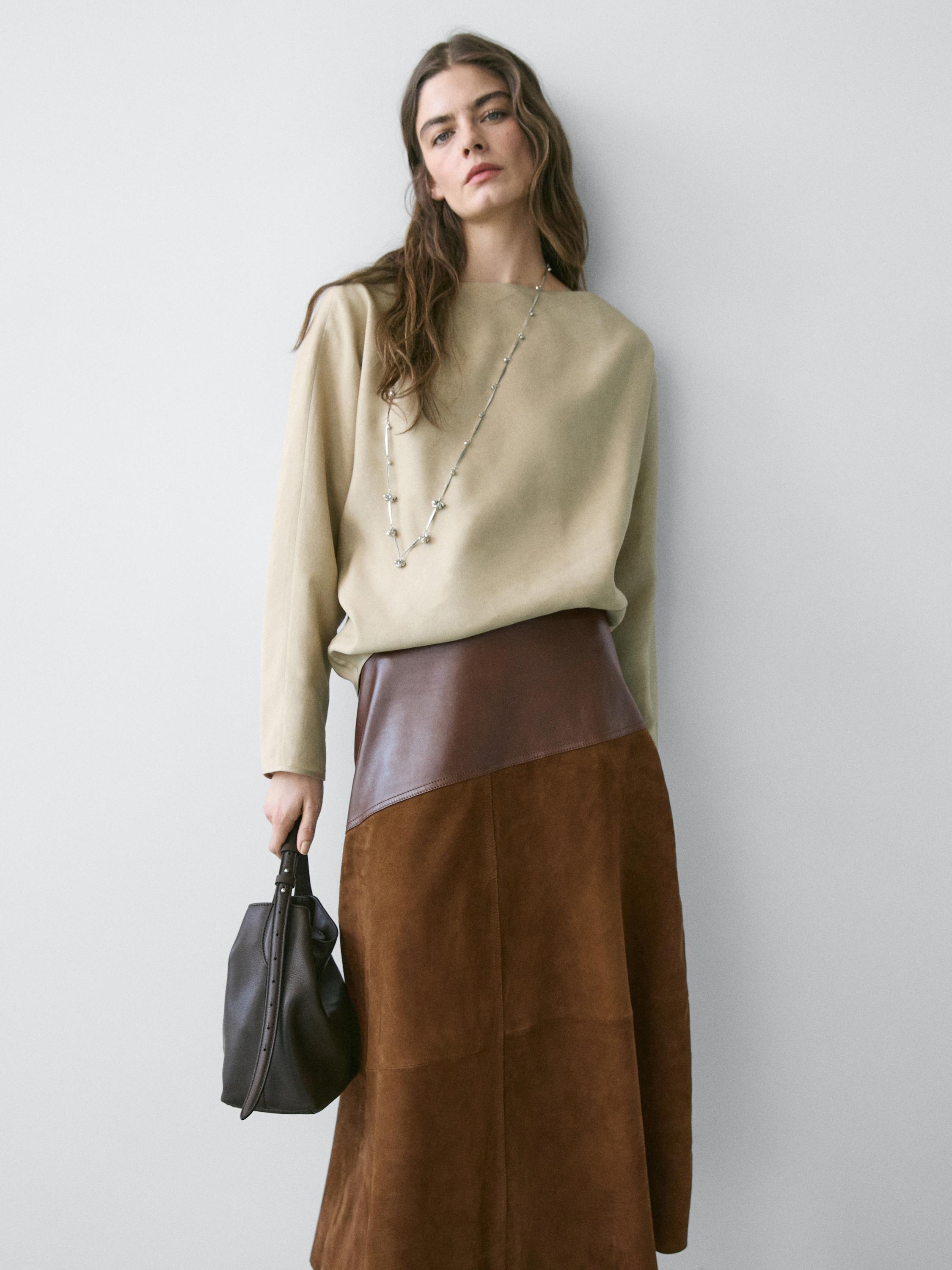 Suede nappa leather skirt with asymmetric yoke