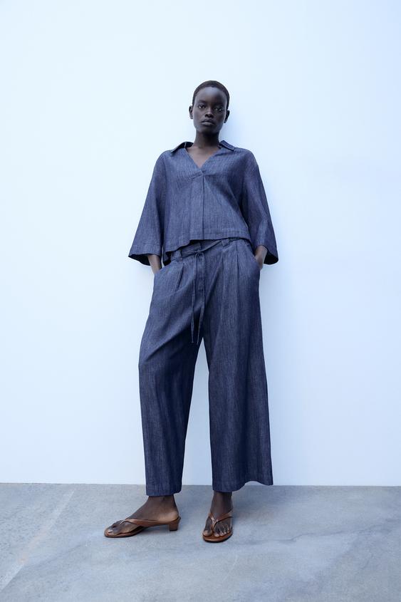 PANTALÓN PINZAS CINTURÓN - Índigo de Zara - Imagen 0