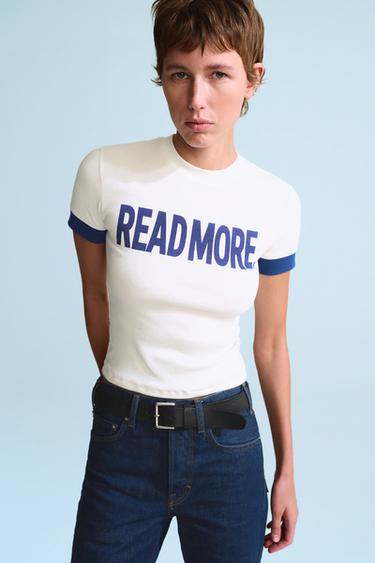 CONTRAST TEXT SHORT SLEEVE T-SHIRT 0FR. PARIS X ZARA — Oyster-white 1