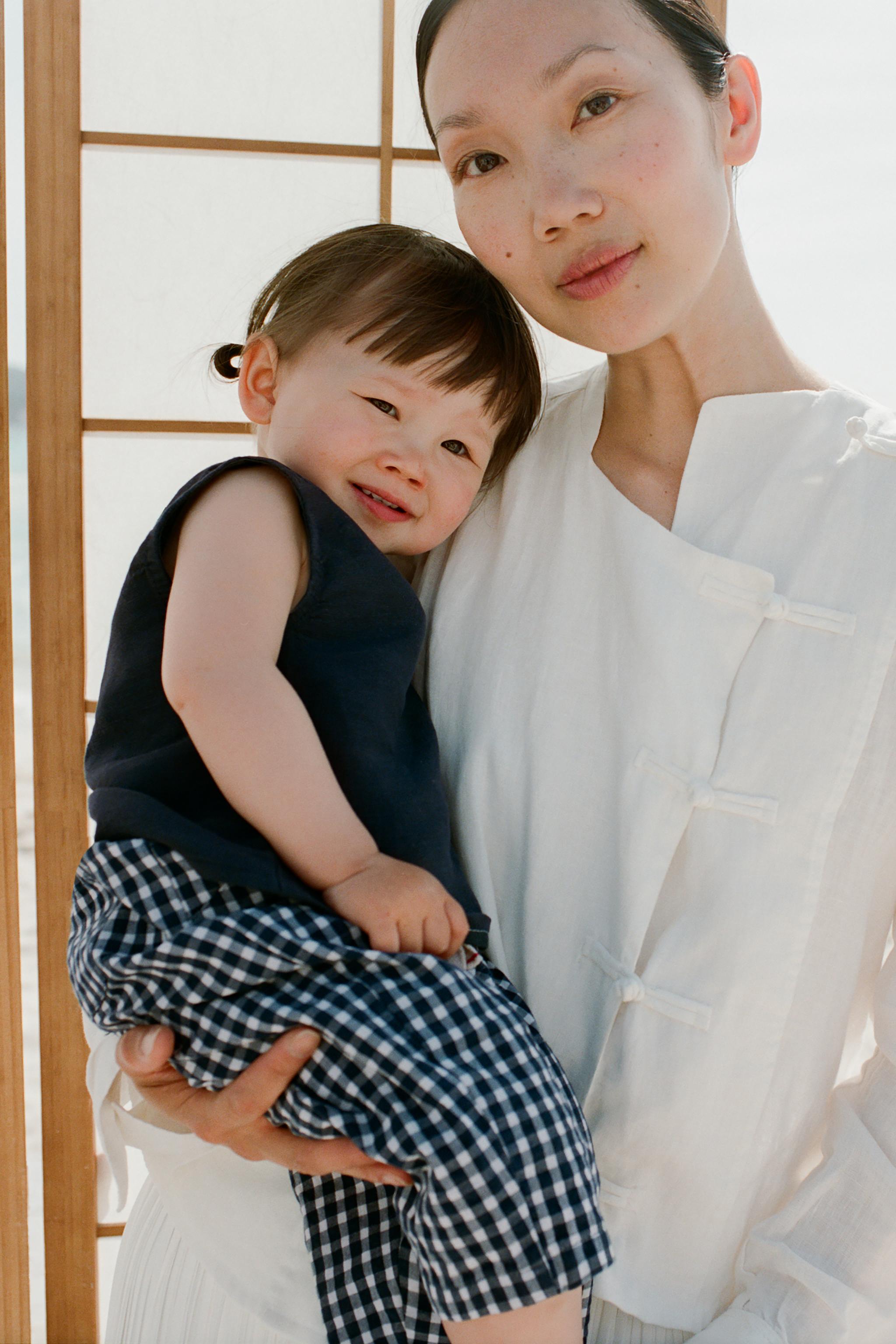 LINEN BLEND TOP — Navy blue