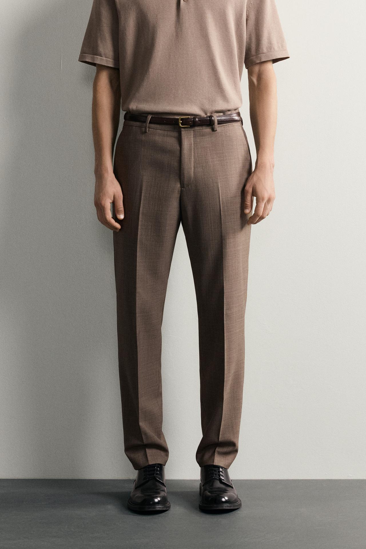 TEXTURED WOOL SUIT PANTS — taupe brown