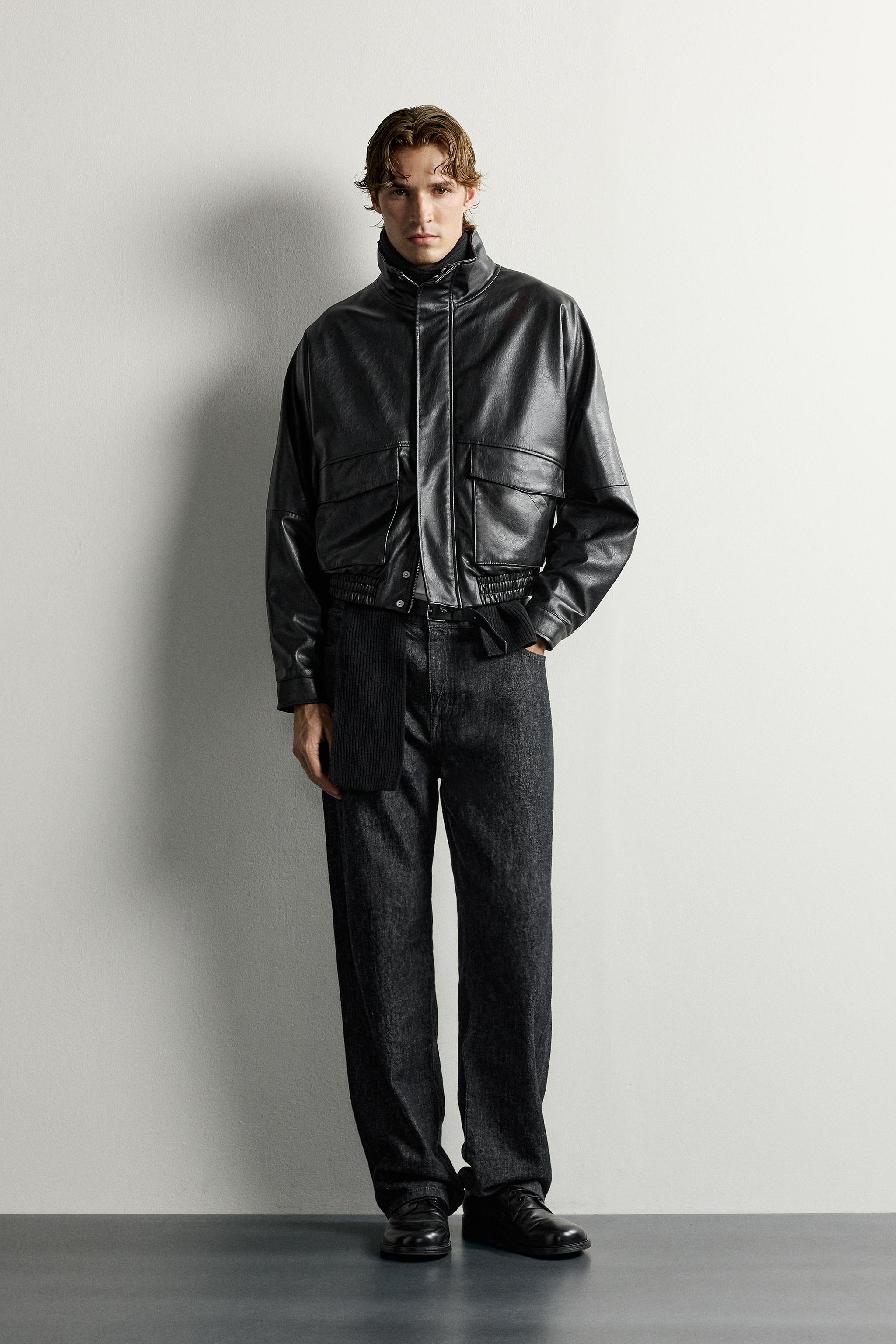 フェイクレザー クロップドフィット ジャケット - ブラウン | ZARA