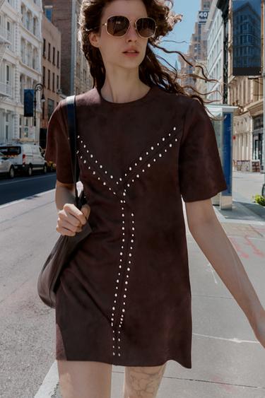 STUDDED FAUX SUEDE DRESS - Dark brown by Zara - Image 3