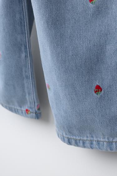 JEAN LARGE BRODÉ FRAISES - Bleu de Zara - Image 3