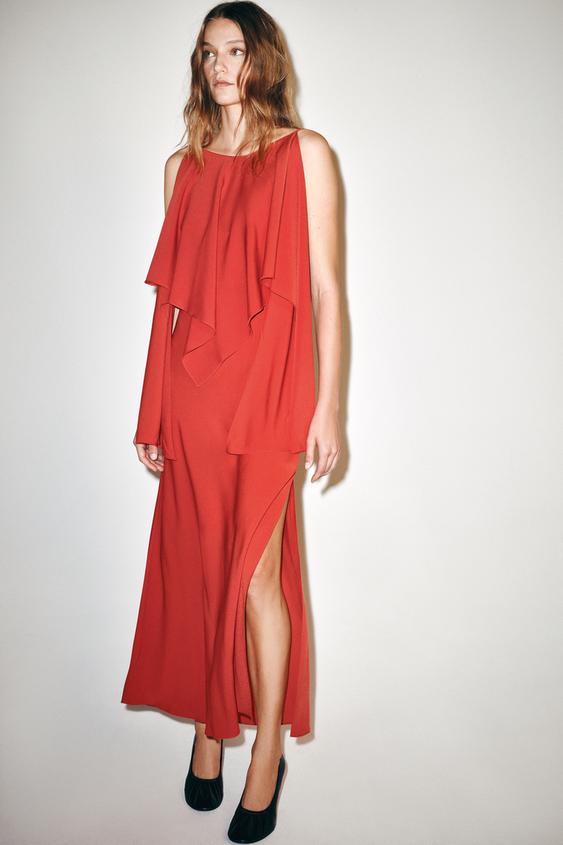 Zara LONG GEORGETTE CAPE DRESS - Red - Image 0