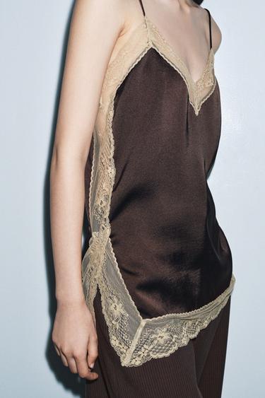 Zara ZW COLLECTION SATIN EFFECT LACE TOP - Brown