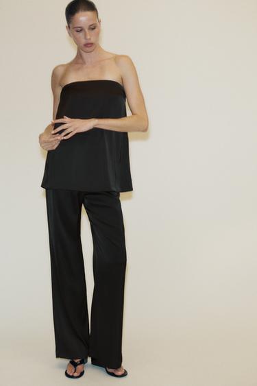 Zara HIGH-WAISTED SATIN PANTS - Black