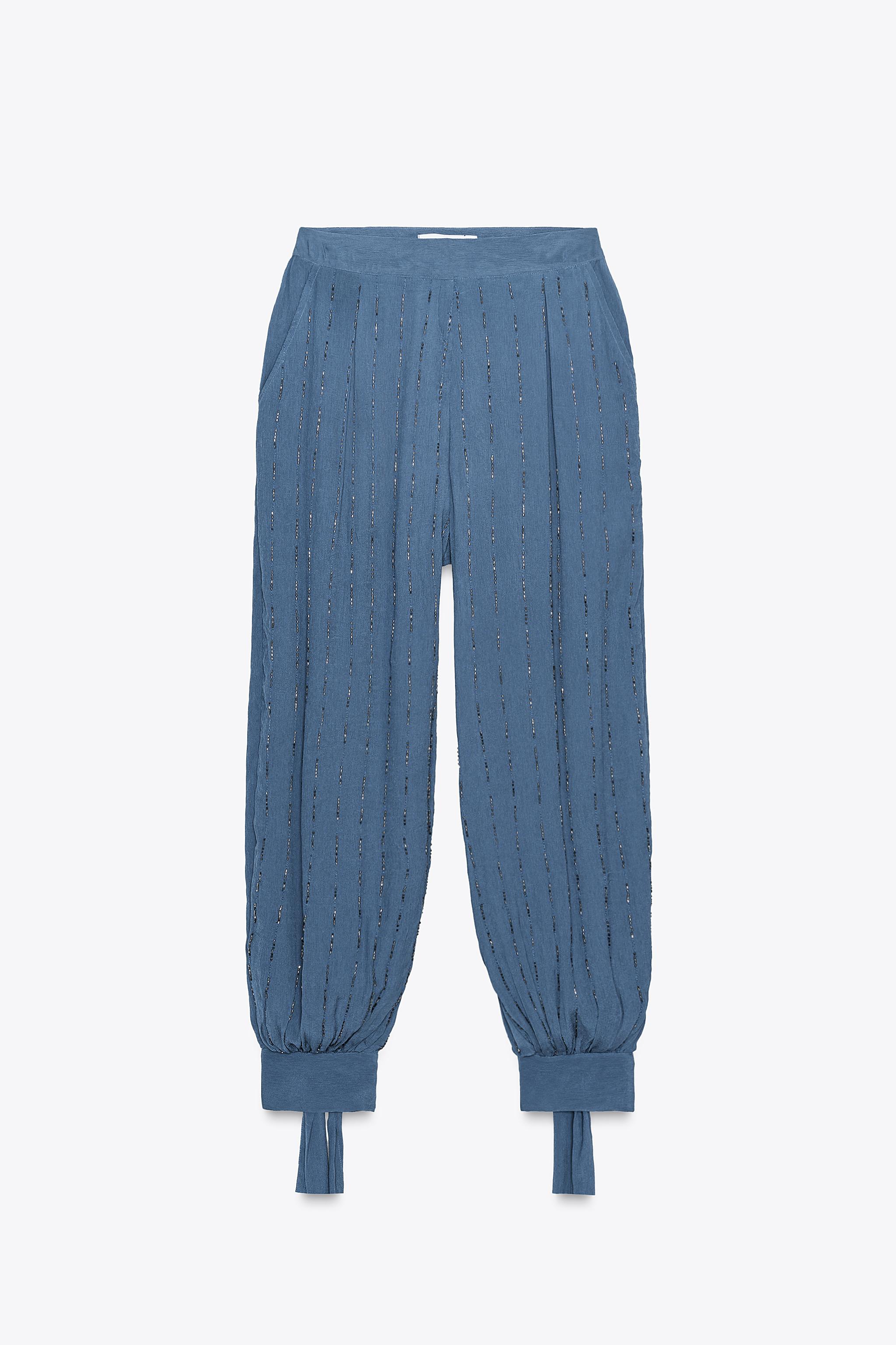 ZARA【NEW】BEADED TROUSERS WITH TIE HEMS BEADED PANTS WITH TIED HEMS - Petrol blue | ZARA United States