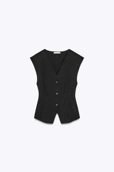 Zara INTERLOCK KNIT VEST TOP - Black