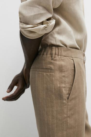 Pantalon à rayures 100 % lin - Beige de Zara