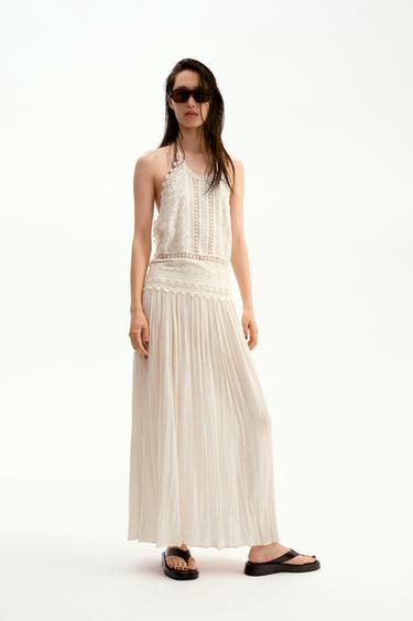 Zara ZW COLLECTION 蕾絲中長版洋裝 - 裸色