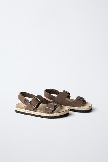 Zara LEATHER AND JUTE BUCKLE SANDALS - Brown