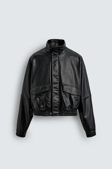 CAZADORA CROPPED FIT EFECTO PIEL - Negro de Zara