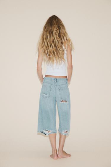 LOW-RISE RIPPED TRF DENIM JORTS BERMUDA SHORTS - Blue by Zara - Image 4