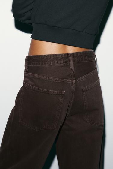 Zara TRF MID-RISE BAGGY BARREL JEANS - Brown