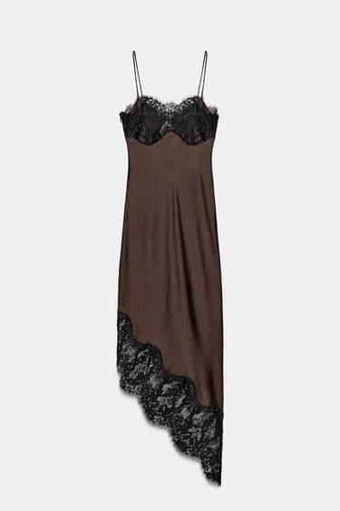 ZW COLLECTION ASYMMETRIC LACE SATIN DRESS - Black / Brown by Zara