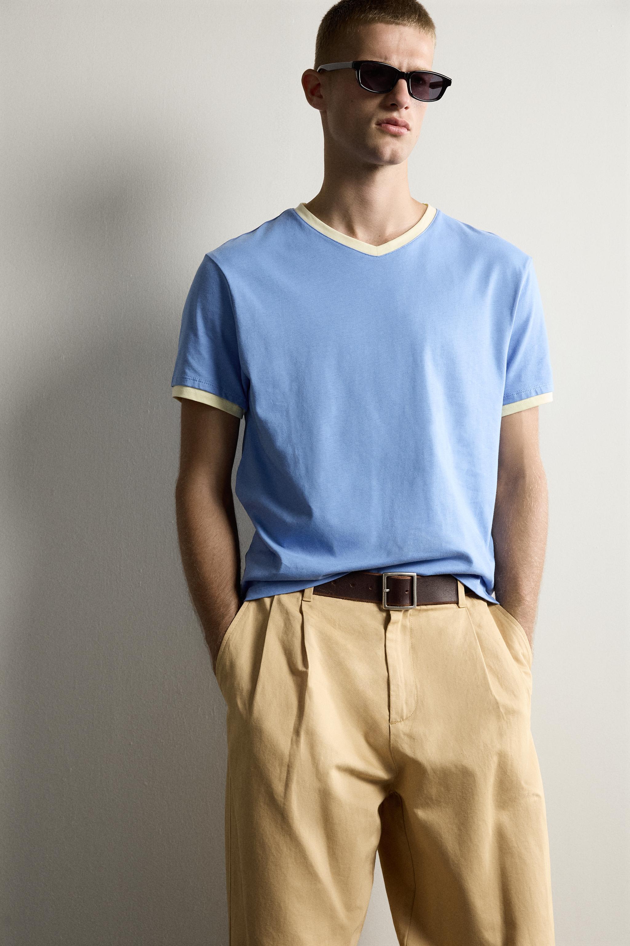 RINGER CONTRAST V-NECK RIBBED T-SHIRT