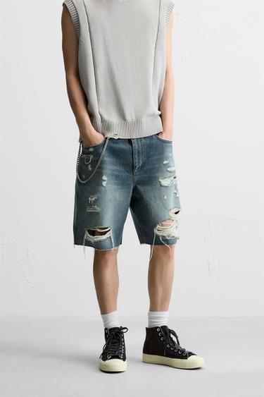 Zara RIPPED DENIM SHORTS - Blue / Green