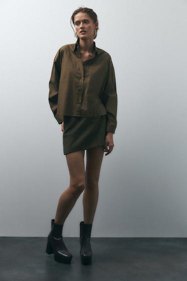 ZW COLLECTION POPLIN CROP SHIRT - Khaki by Zara - Image 0