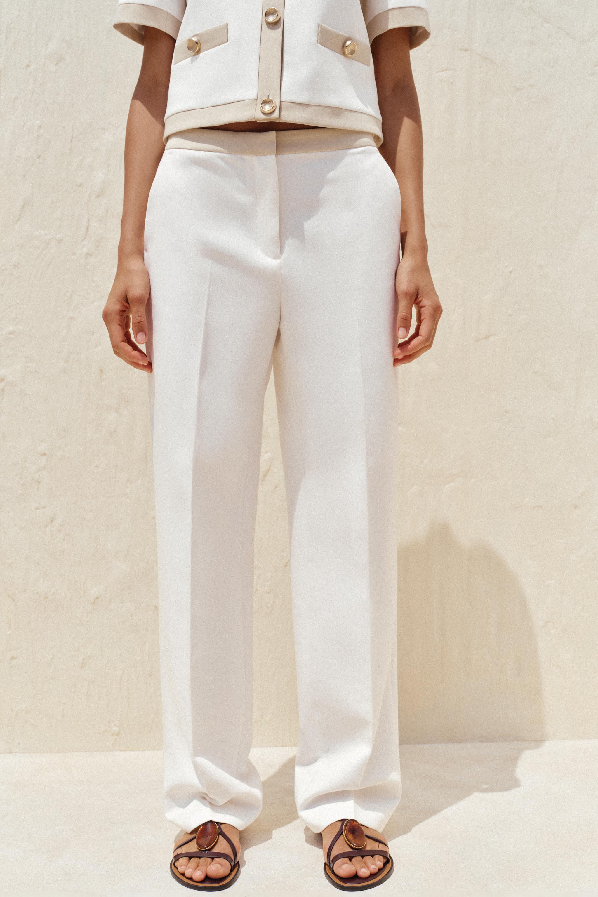 コントラストウエストストレートパンツ - オフホワイト | ZARA