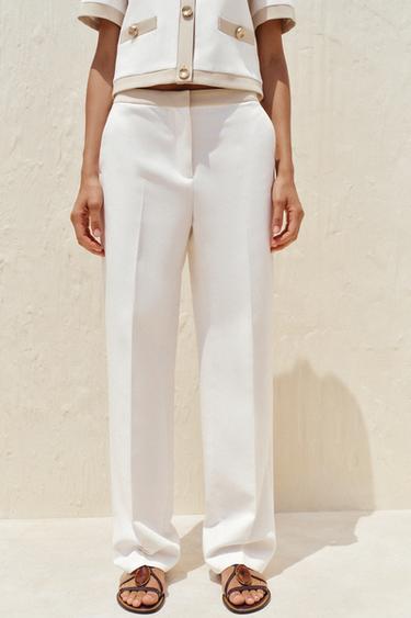 PANTALON DROIT TAILLE COMBINÉE - Blanc cassé de Zara - Image 1