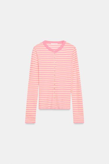 STRIPED BUTTON-UP T-SHIRT - Mid-pink by Zara