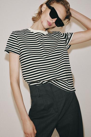 Zara SHORT SLEEVE INTERLOCK T-SHIRT - striped