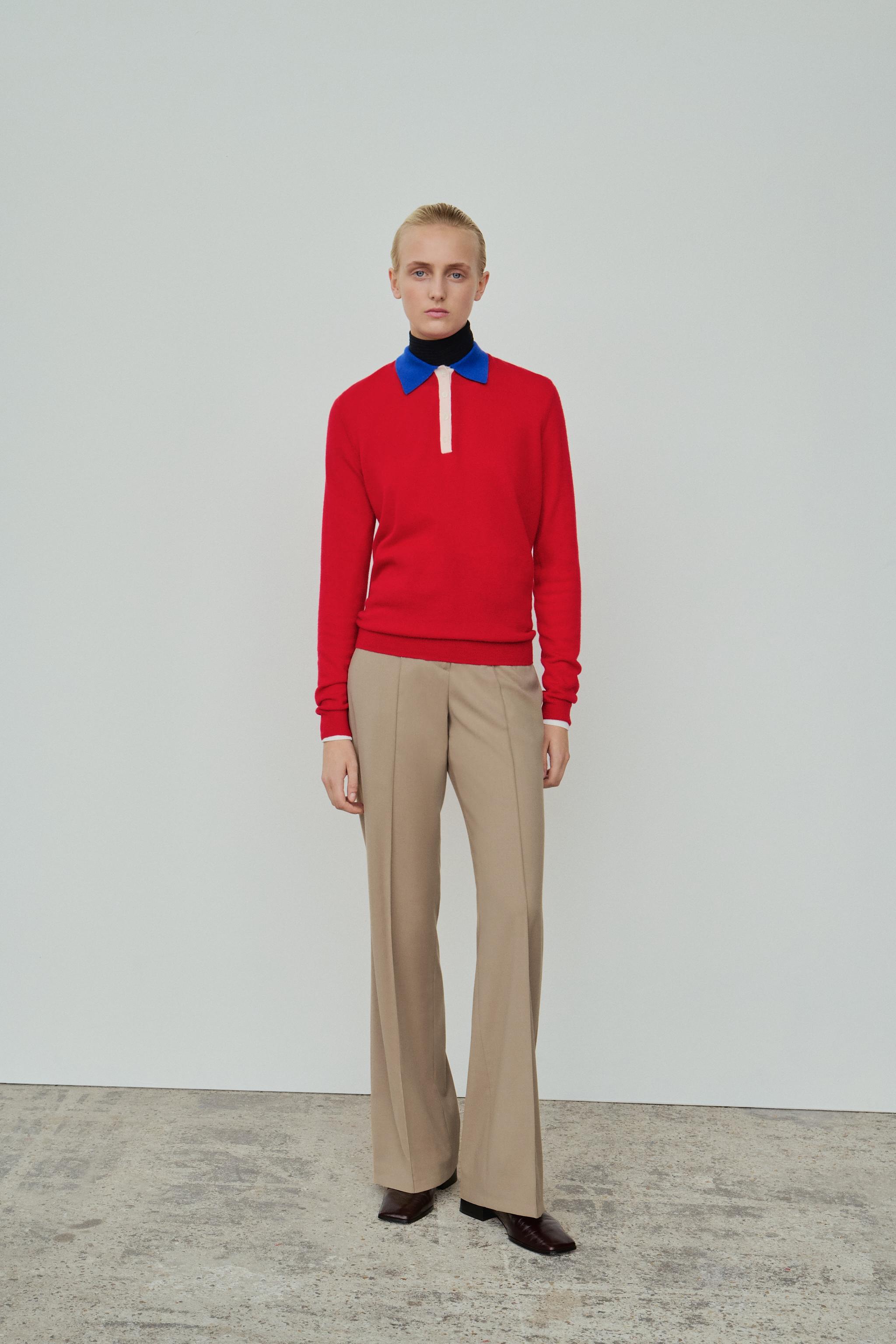 100% EXTRA-SOFT WOOL POLO SWEATER WITH CONTRAST COLLAR — Red