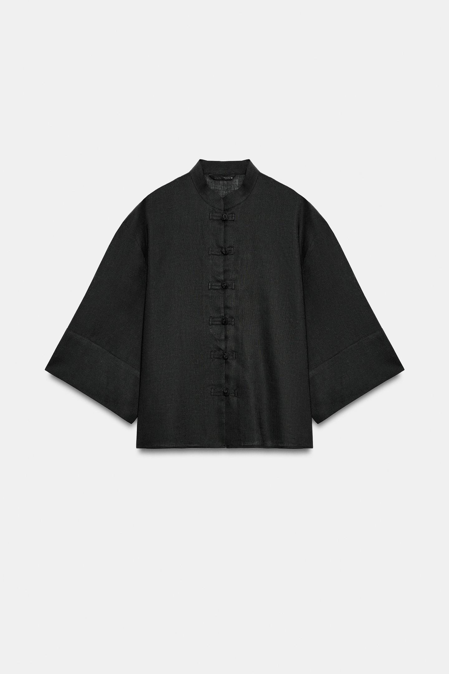 Женская рубашка Zara Linen Shirt with Frog Fastening, цвет: Серый / Синий — фото 7